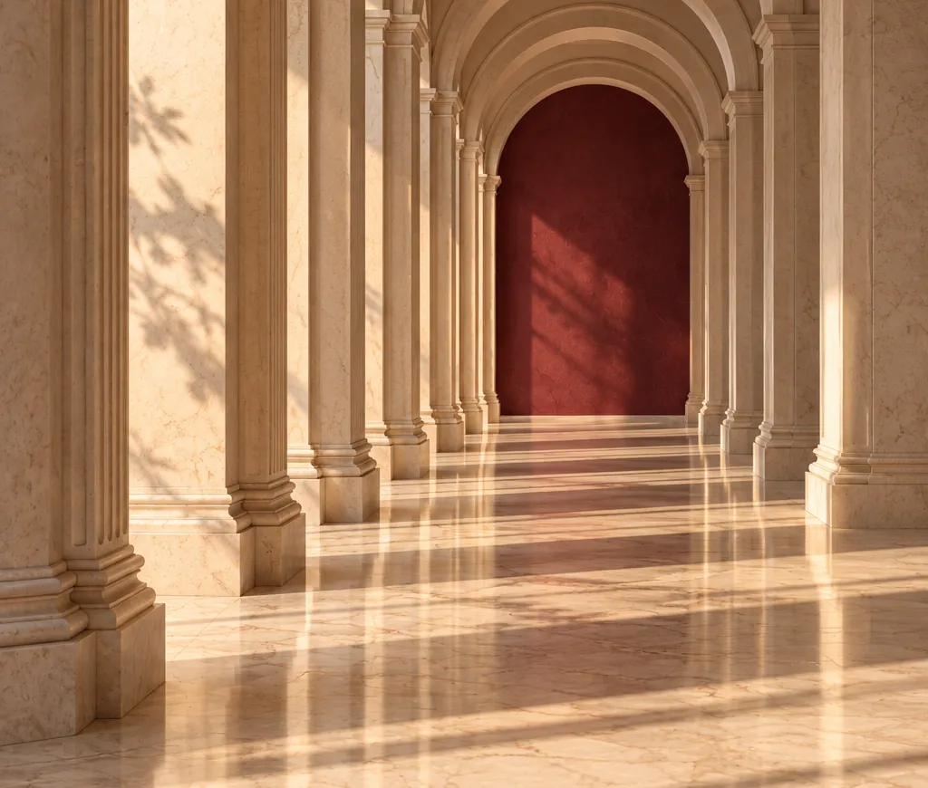 Galería de arcos de piedra con sombras largas