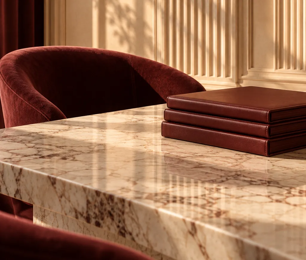 Mesa de mármol con carpetas de cuero bordó en una sala de reuniones
